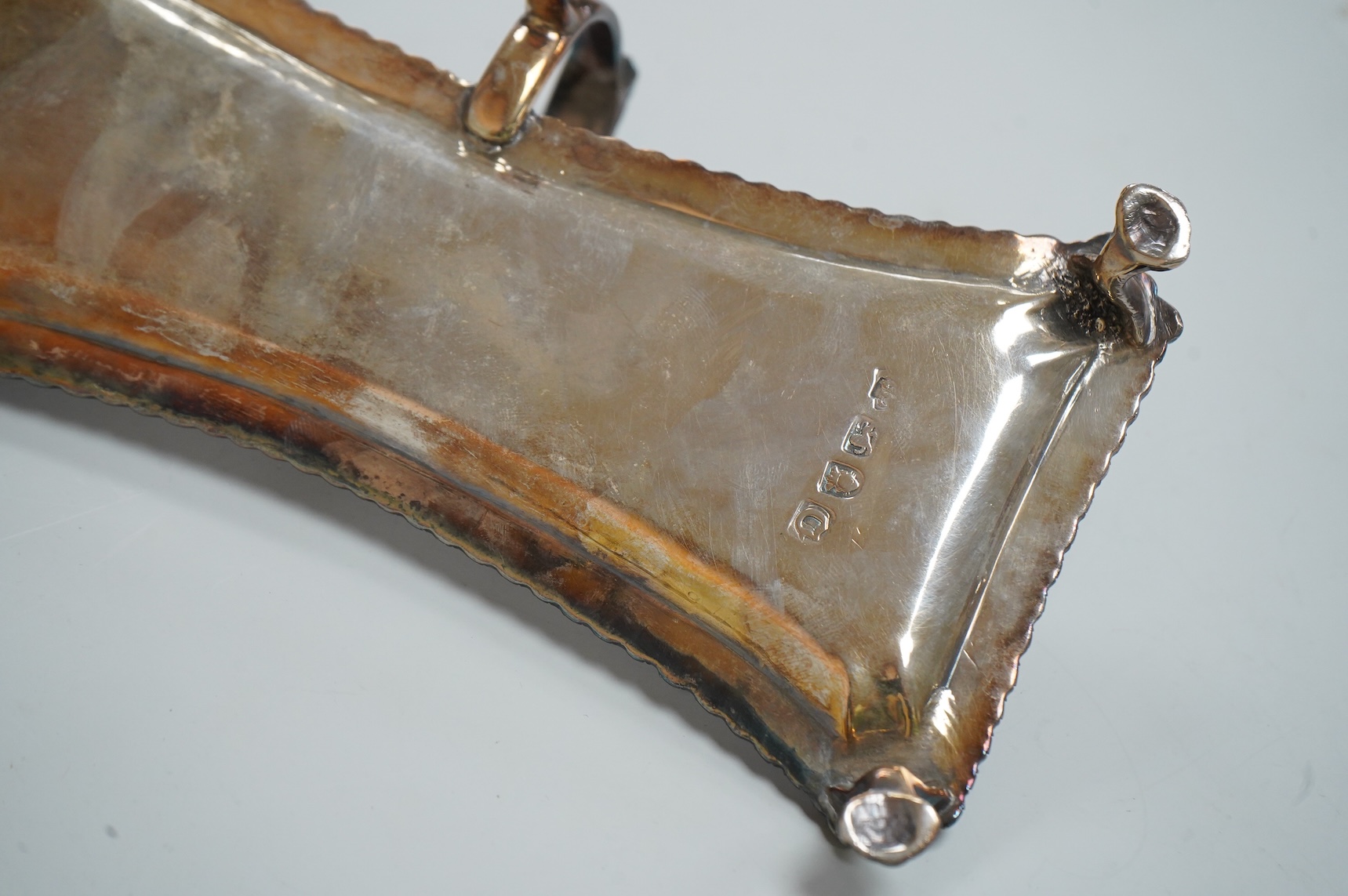 A pair late George II silver candle snuffers and similar stand, stand WC?, London, 1769, 18.5cm, snuffers I.B, London, 1769, 9oz.